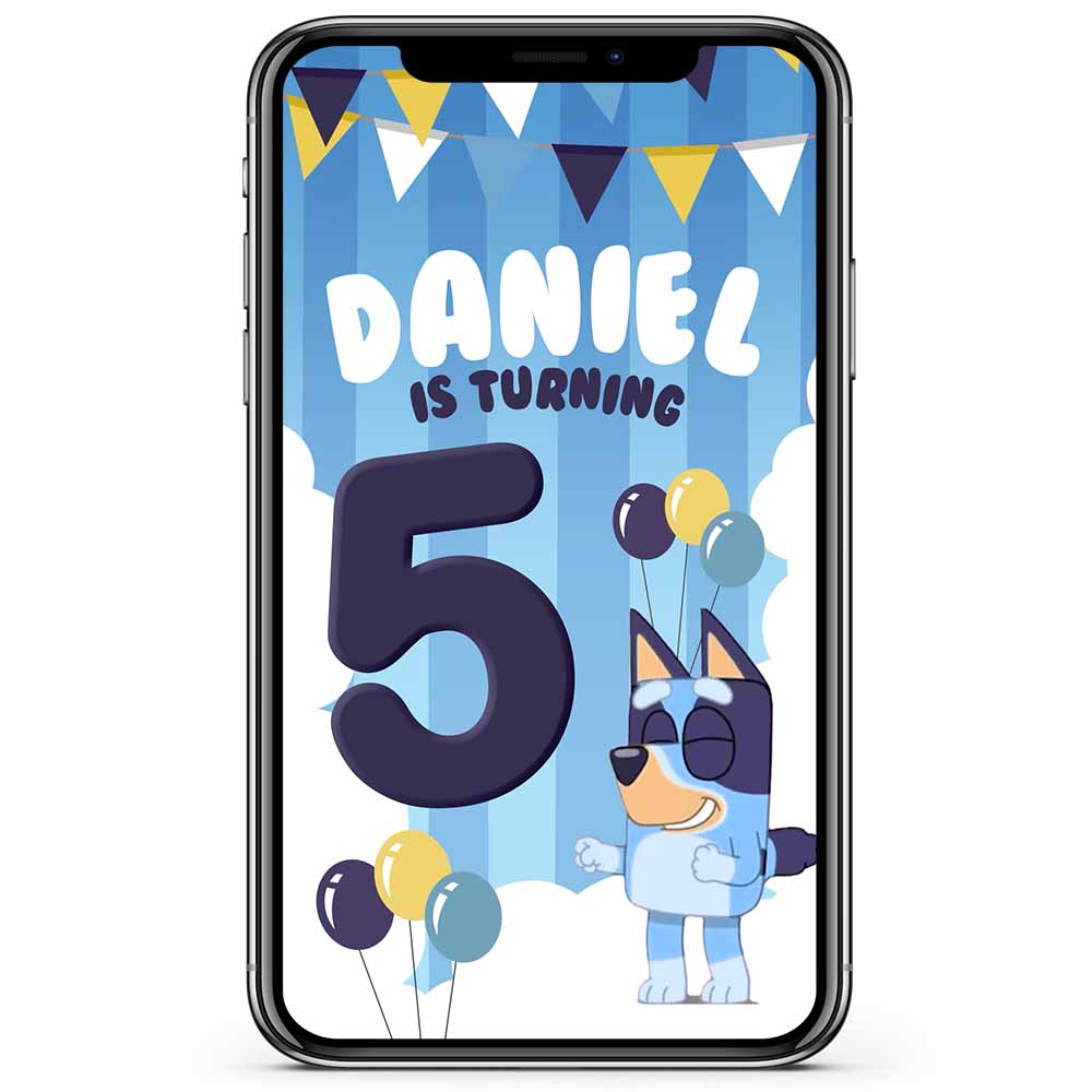 Mobile device showing Bluey birthday party invitation animated video