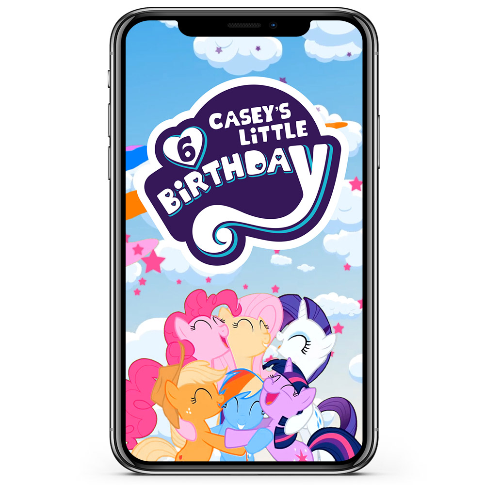 Mobile device showing My Little Pony birthday party invitation animated video