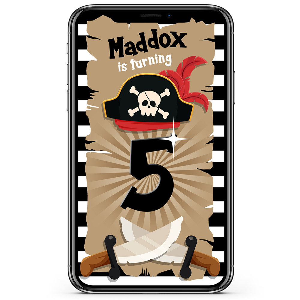 Mobile device showing Pirate birthday party invitation animated video