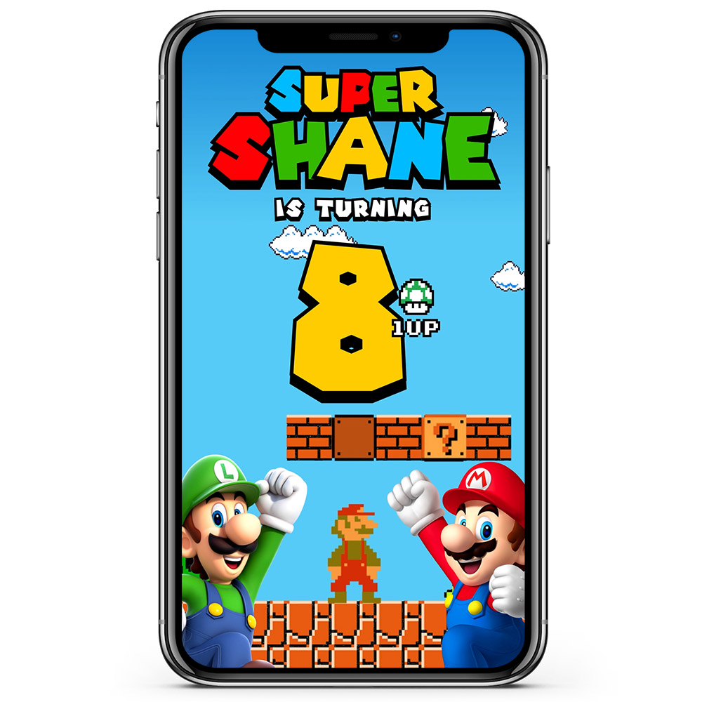 Mobile device showing Super Mario birthday party invitation animated video