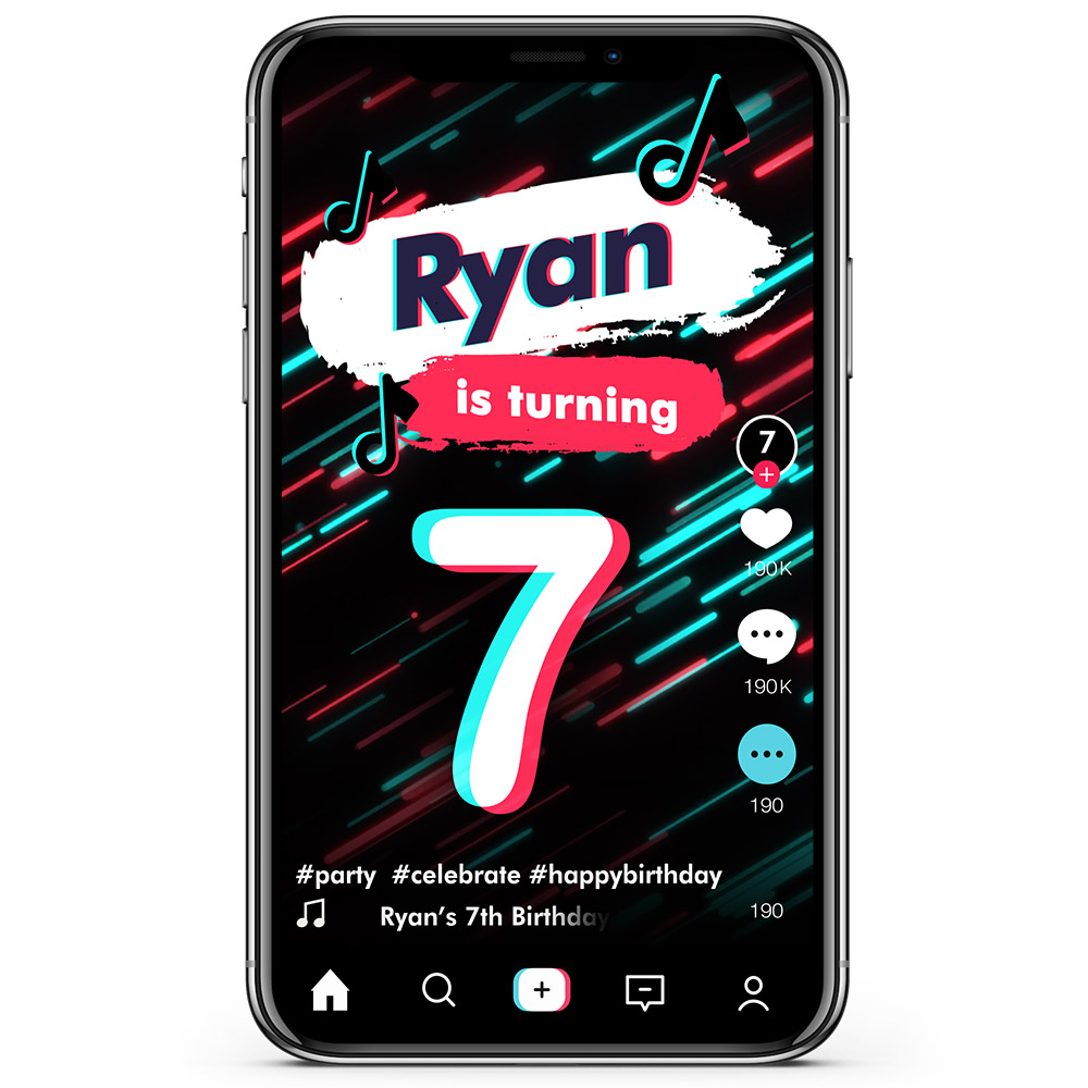Mobile device showing Tiktok birthday party invitation animated video