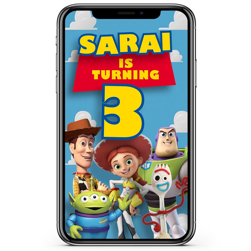Mobile device showing Toy Story birthday party invitation animated video