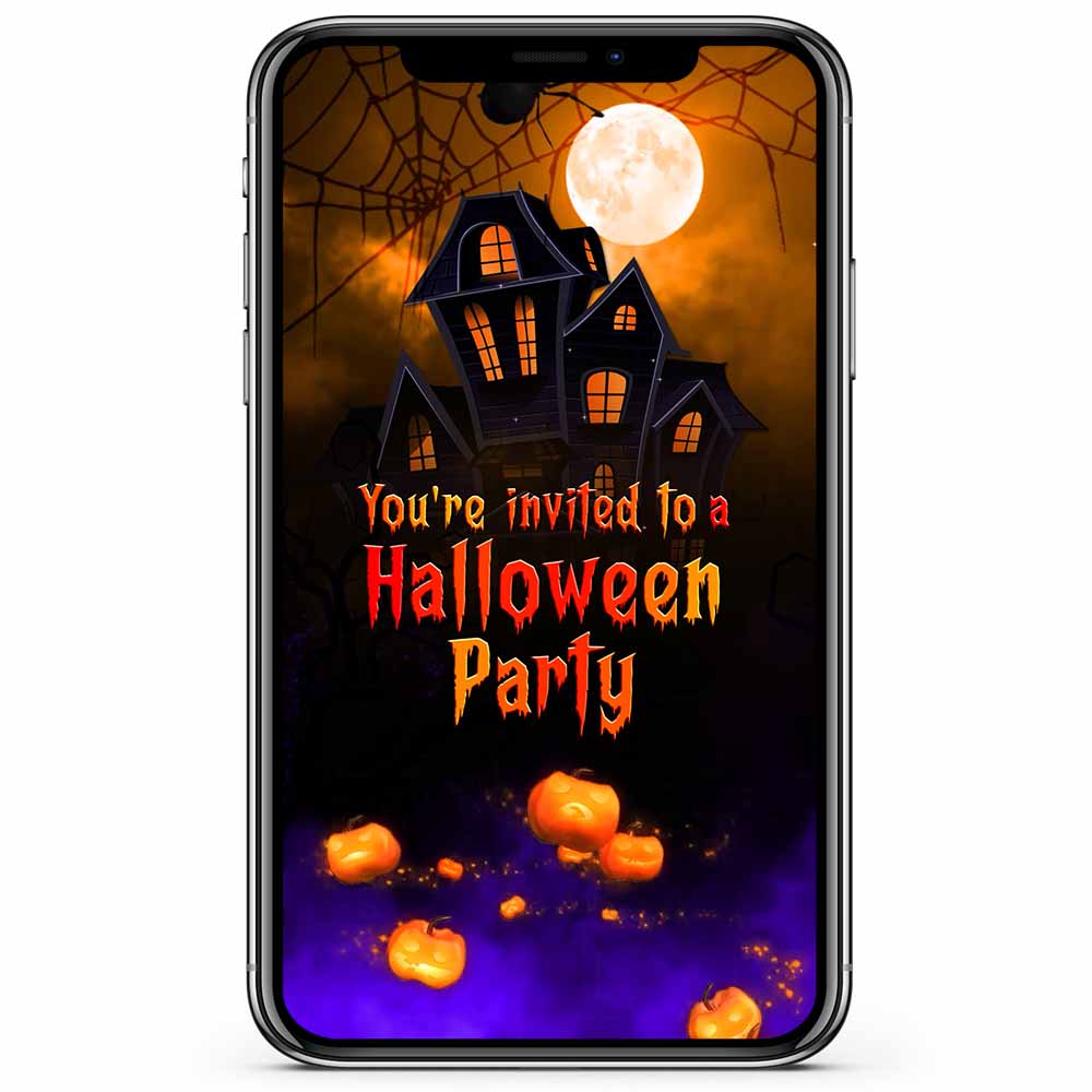 Mobile device showing Halloween party invitation animated video