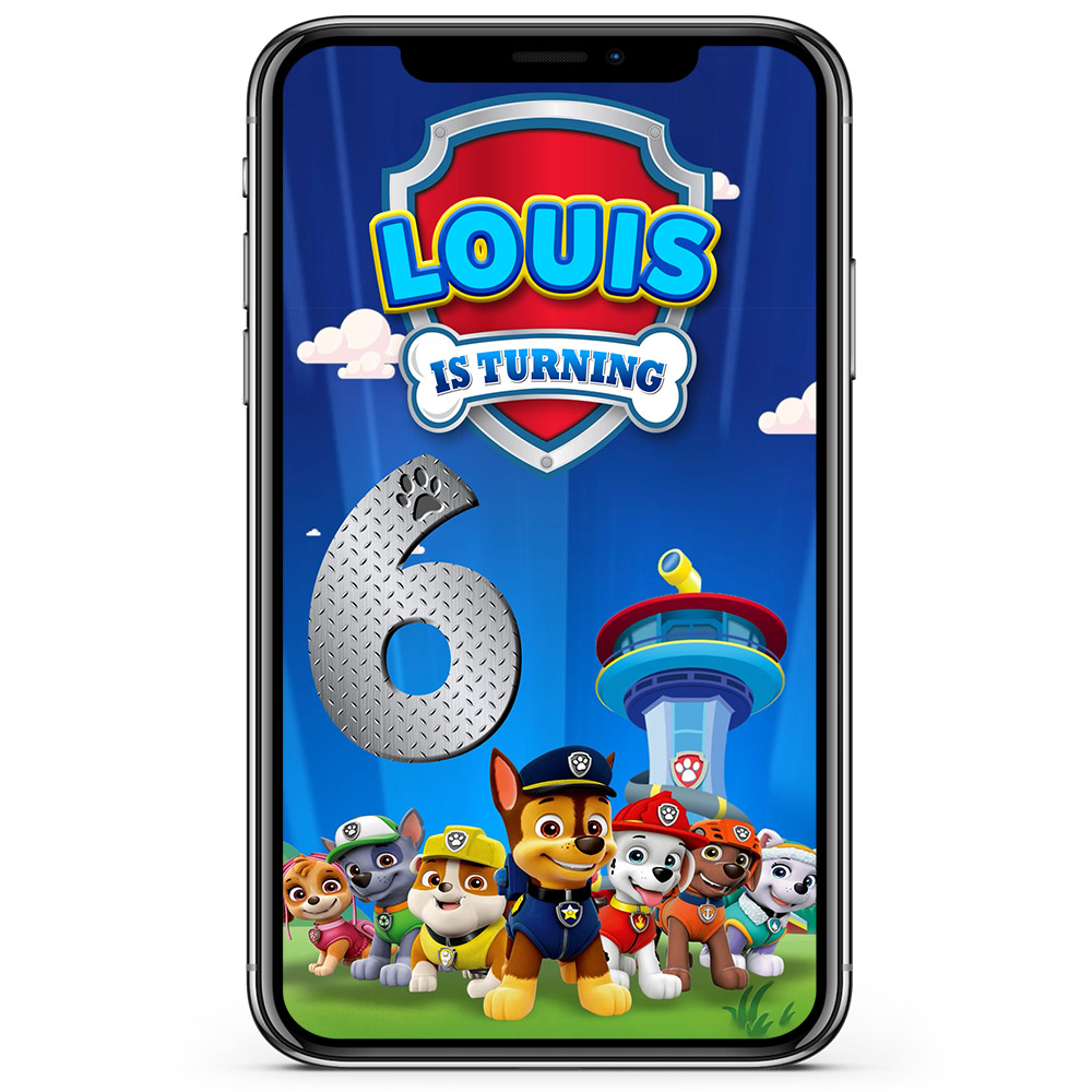 Mobile device showing Paw Patrol birthday party invitation animated video