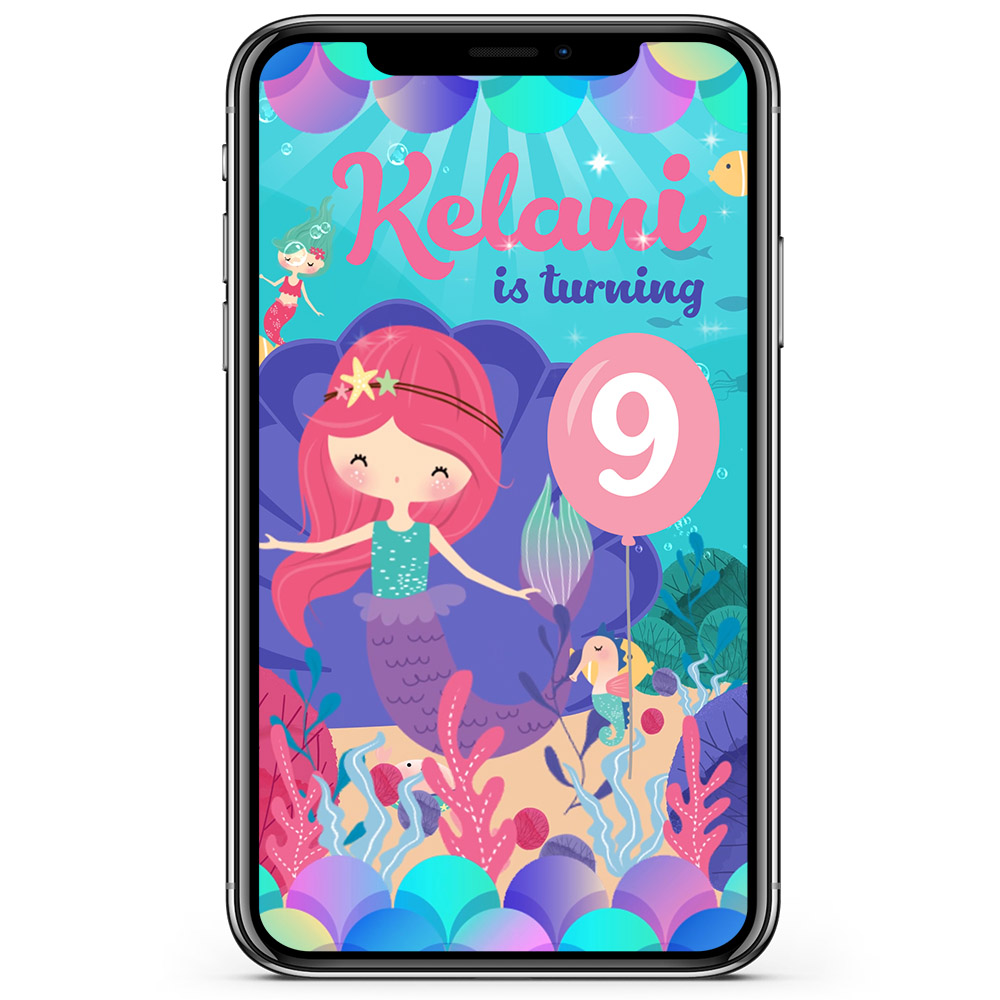 Mobile device showing Mermaid birthday party invitation animated video