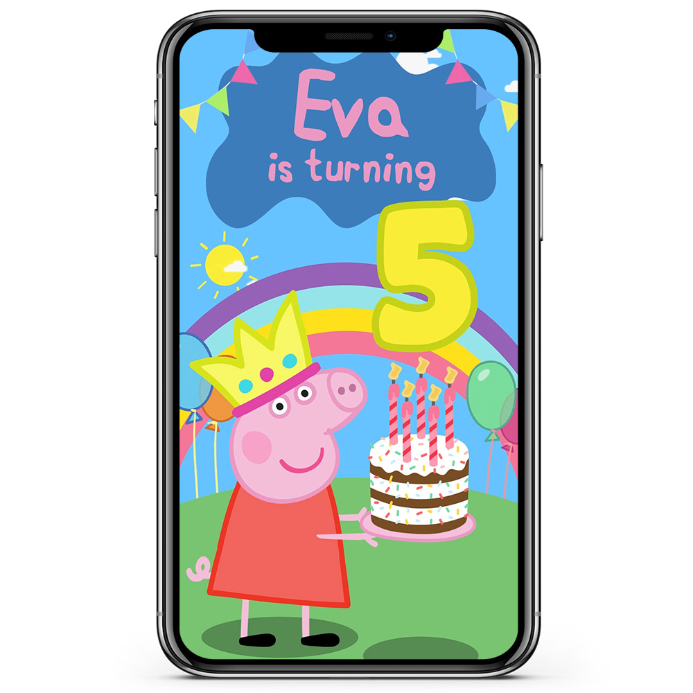 Mobile device showing Peppa Pig birthday party invitation animated video