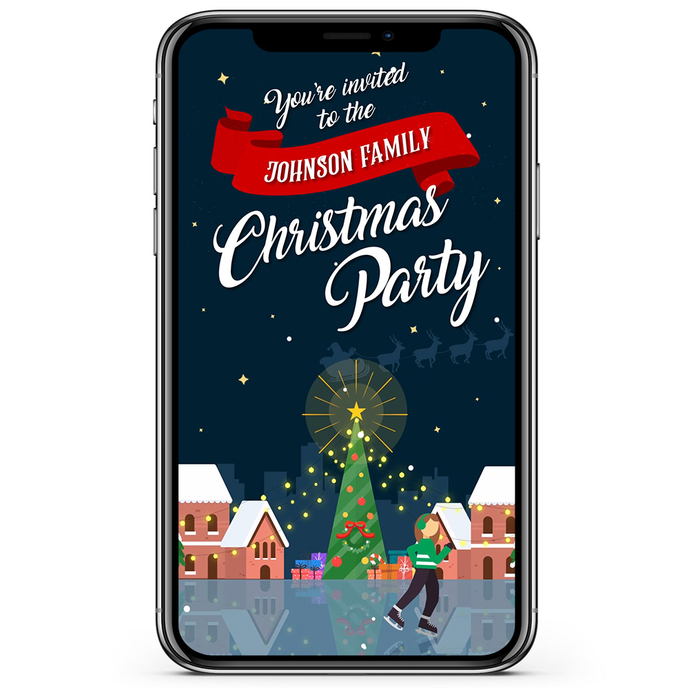 Mobile device showing snowy christmas party invitation animated video
