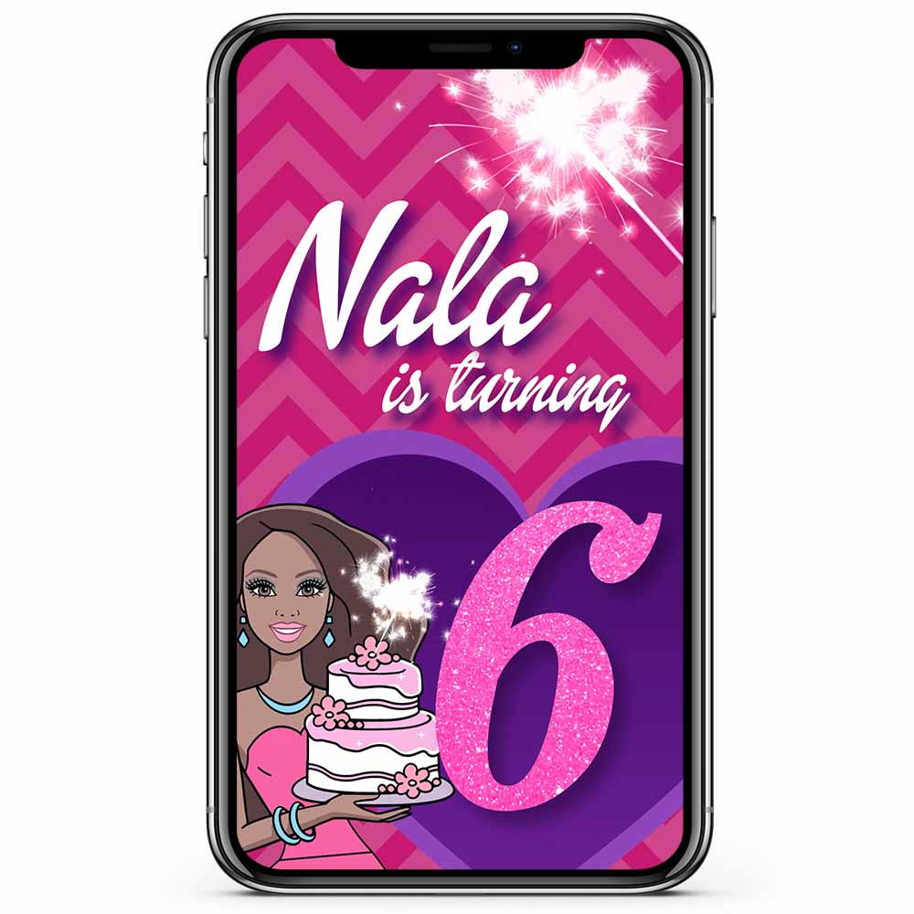 Mobile device showing diverse barbie birthday party invitation animated video