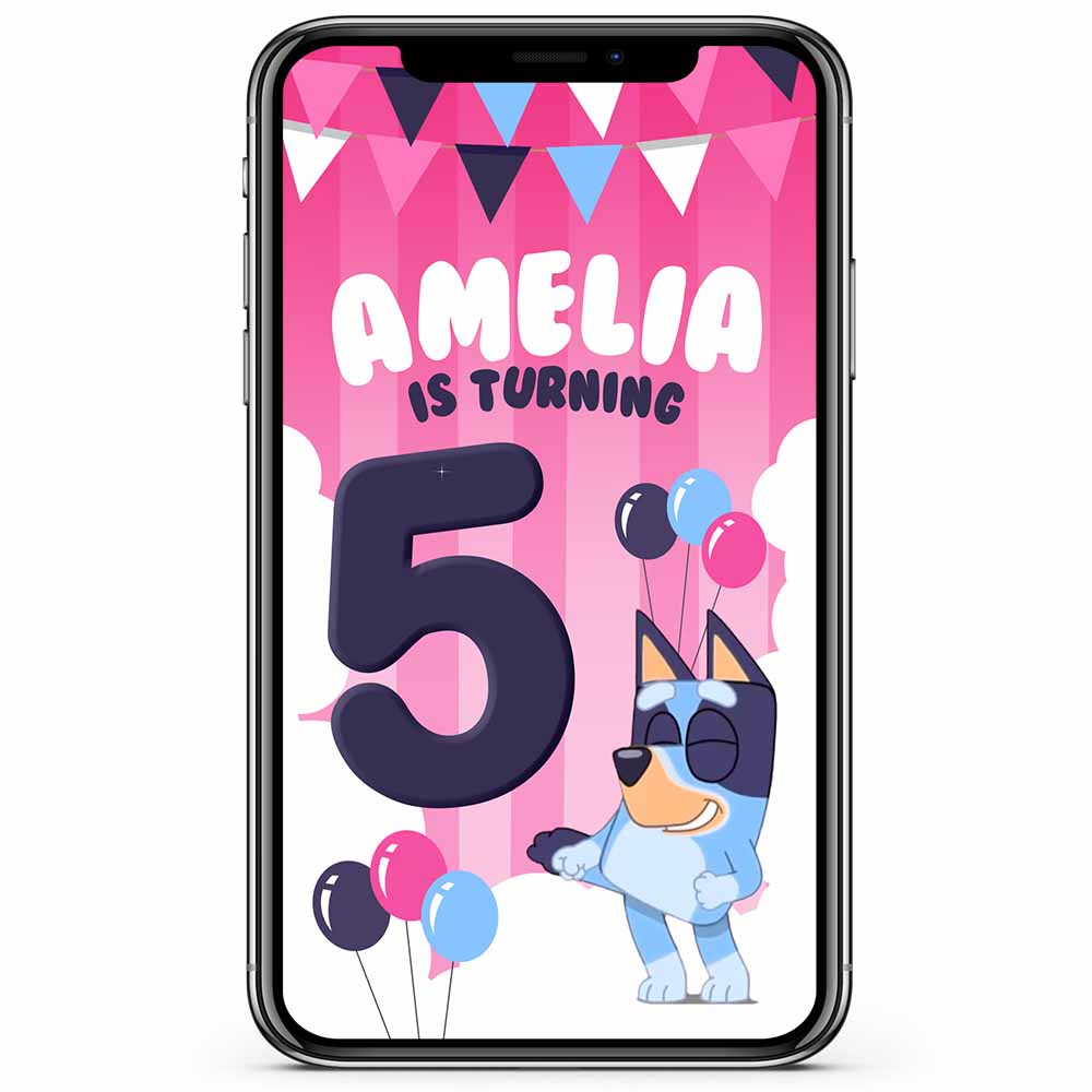 Mobile device showing Pink Bluey birthday party invitation animated video