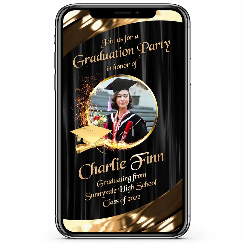 Mobile device showing black graduation party invitation animated video