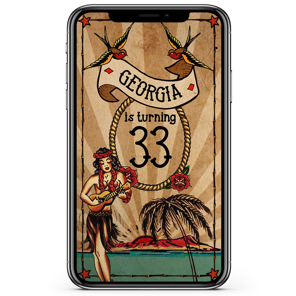 Mobile device showing rockabilly retro birthday party invitation