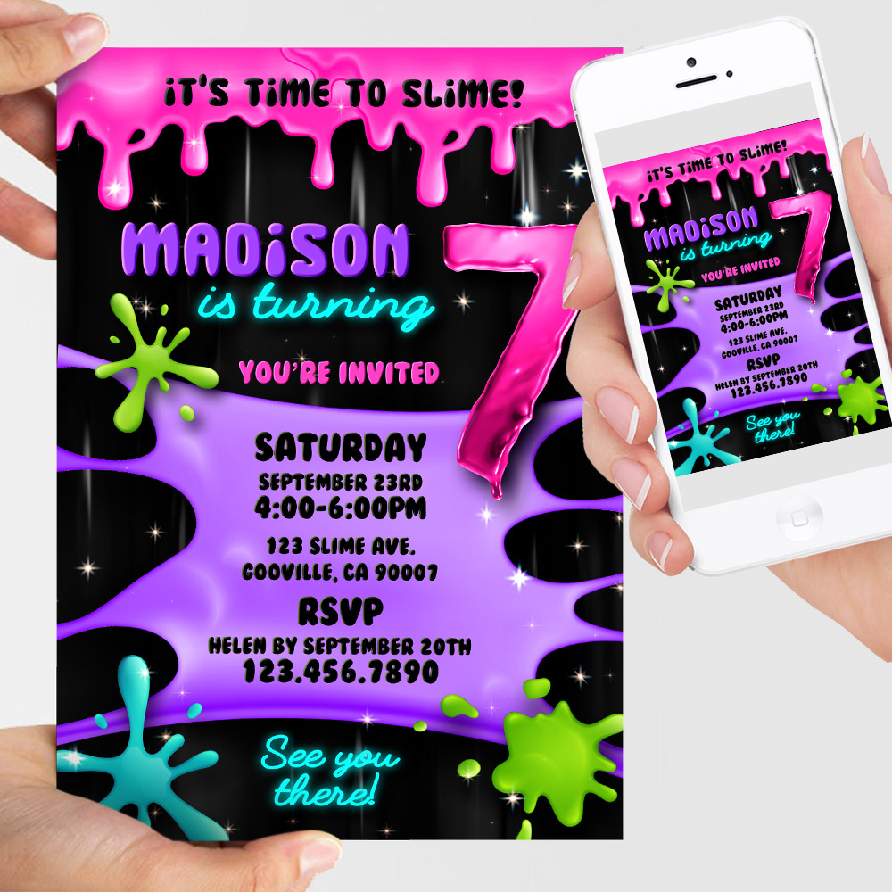 pink and purple slime birthday party video invitation